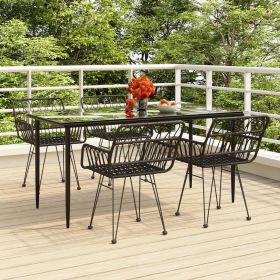 Garden Dining Set Black Poly Rattan, Tempered Glass, Steel Medium