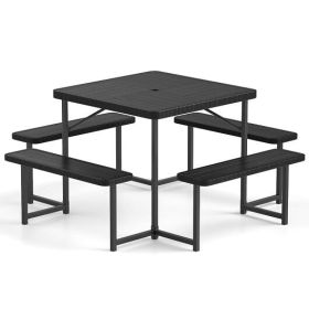Outdoor Square Picnic Table Bench Set for 4-8 People with Umbrella Hole-Black - Color: Black