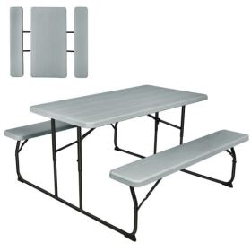 Indoor and Outdoor Folding Picnic Table Bench Set with Wood-like Texture-Gray - Color: Gray