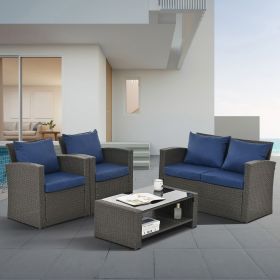 Patio Furniture, Outdoor Furniture, Seasonal PE Wicker Furniture, Four Set Wicker Furniture With Black Tempered Glass Coffee Table
