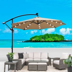 Tan 10 ft Outdoor Patio Umbrella Solar Powered LED Lighted Sun Shade Market Waterproof 8 Ribs Umbrella with Crank and Cross Base for Garden Deck